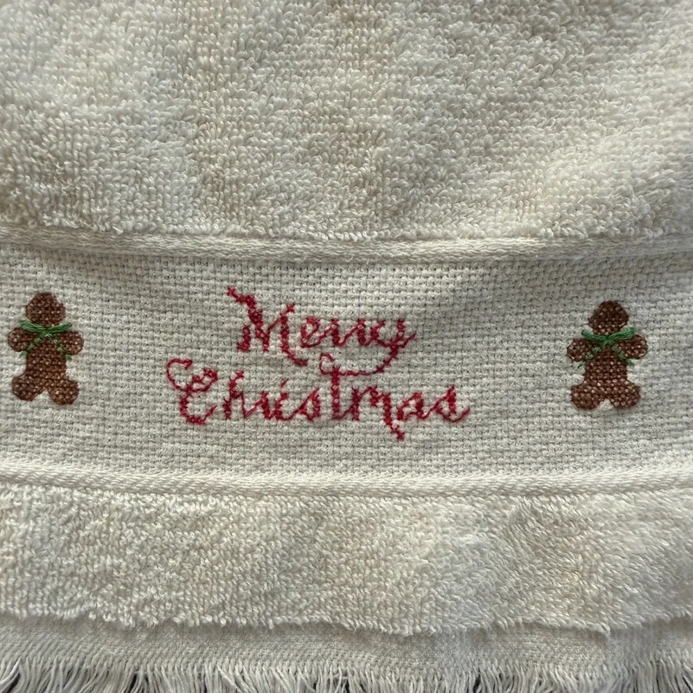 Vintage Cannon Martex Christmas Hand Towels Set 3 White‎ Cream Cotton Fringed